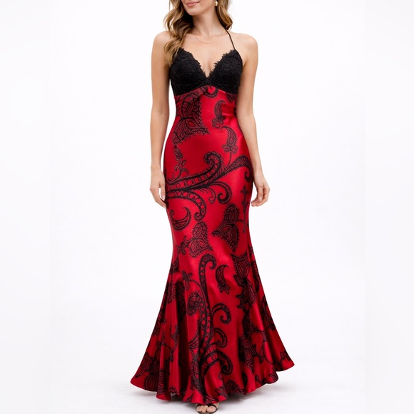 Mary L Couture Dresses & Skirts - Mary.L Couture Red & Black Silk Lace Maxi Dress Size 8
